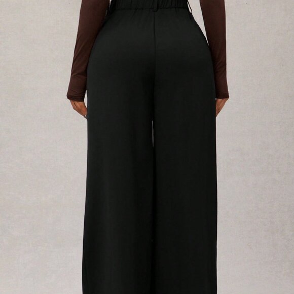 Black Women's Casual High Waisted Pleated Wide Leg Pants - Picture 3 of 5